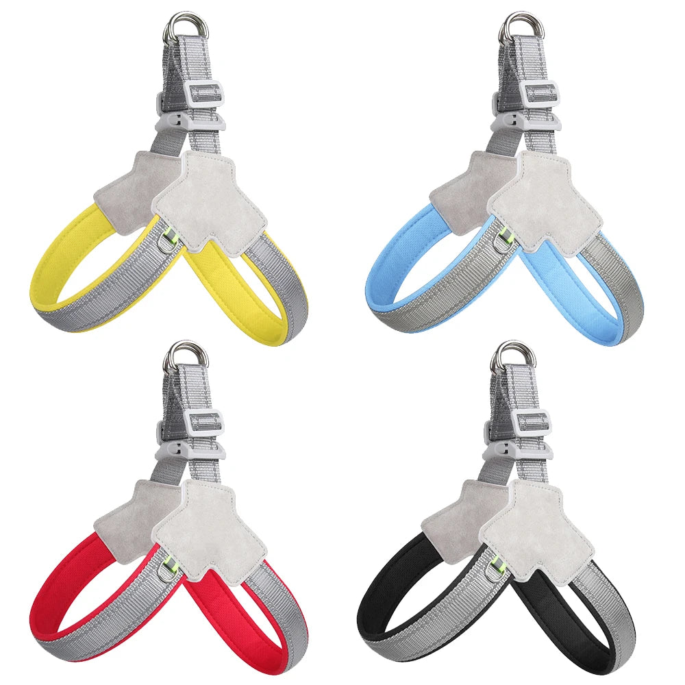 Adjustable Y-shaped dog harness in gray and yellow