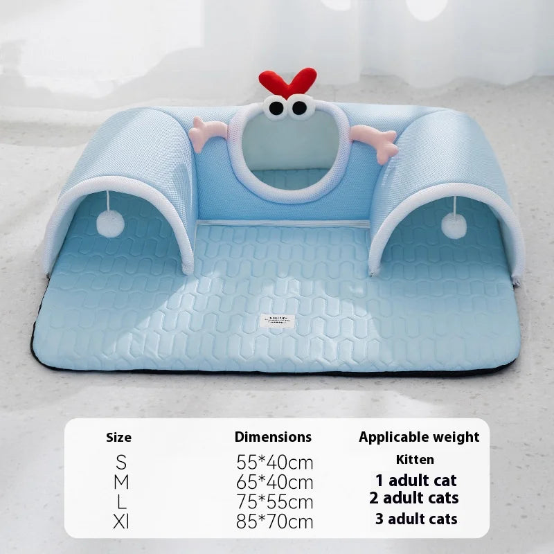 Cooling Cat Tunnel Bed – Summer Breathable Ice Silk Pet Mat with Tunnel for Cats, Anti-Slip Base, Soft Latex Nest for Small & Large Cats
