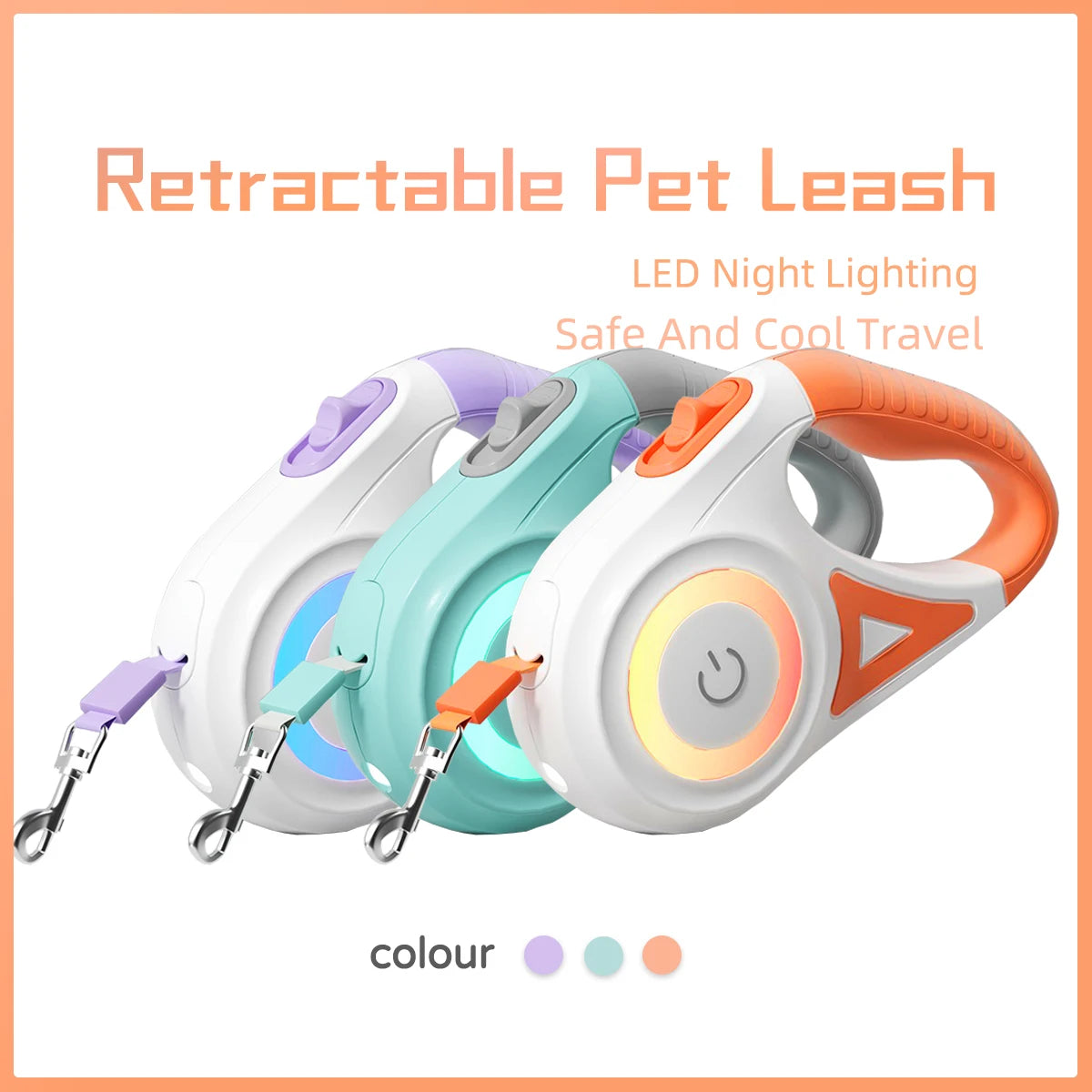 LED retractable dog leash glowing in the dark
