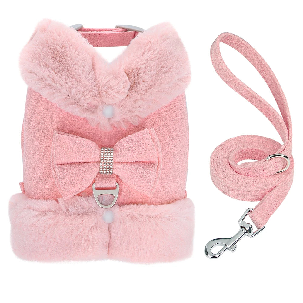 Warm Fur Dog Harness with Leash – Winter Padded Vest for Small Dogs & Cats