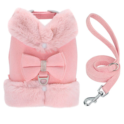 Warm Fur Dog Harness with Leash – Winter Padded Vest for Small Dogs & Cats