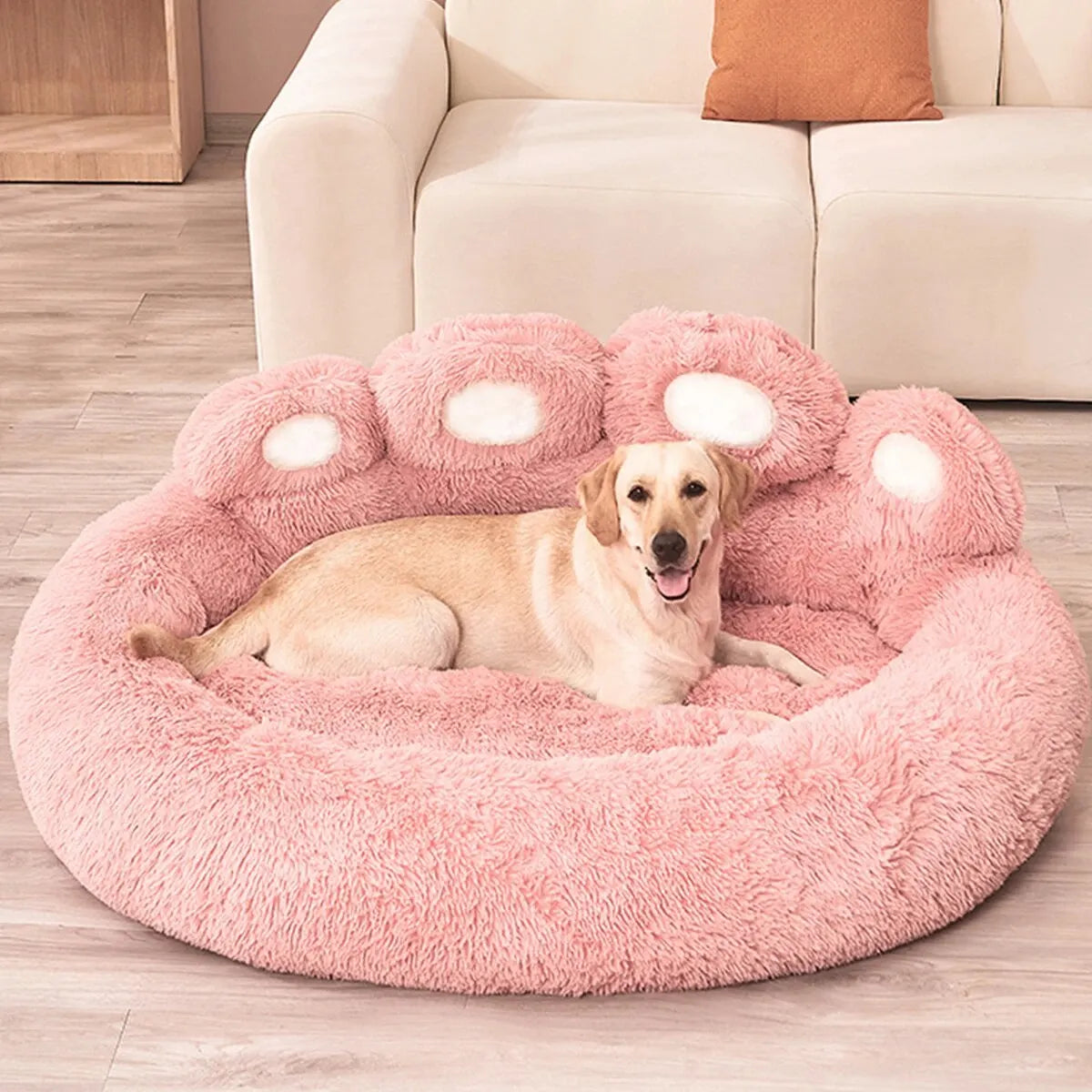 Bear paw pet bed in pink for dogs and cats