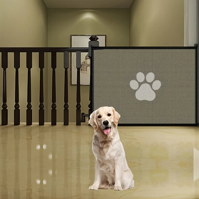 Dog behind mesh safety barrier – living room setup