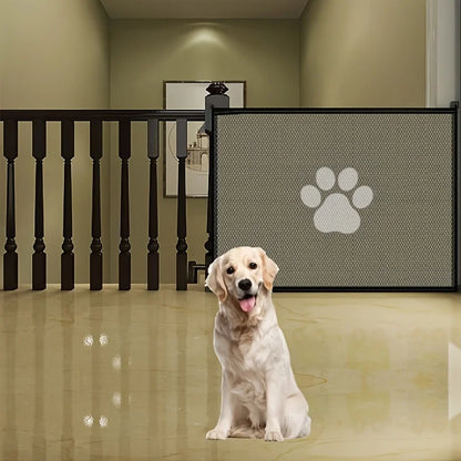 Dog behind mesh safety barrier – living room setup