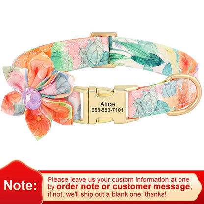 Personalized Nylon Dog Collar with Flower Decoration – Custom Engraved ID Tag, Adjustable Pet Collar