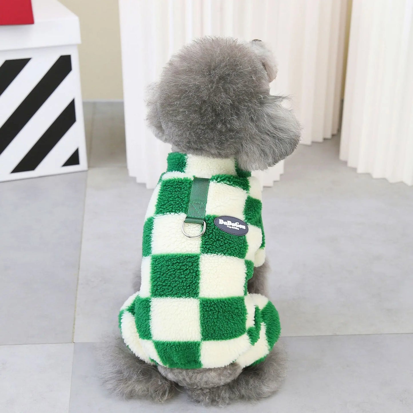 Warm Fleece Dog Jumpsuit – Checkered Pajamas for Small Dogs