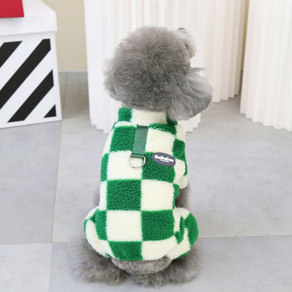 Warm Fleece Dog Jumpsuit – Checkered Pajamas for Small Dogs