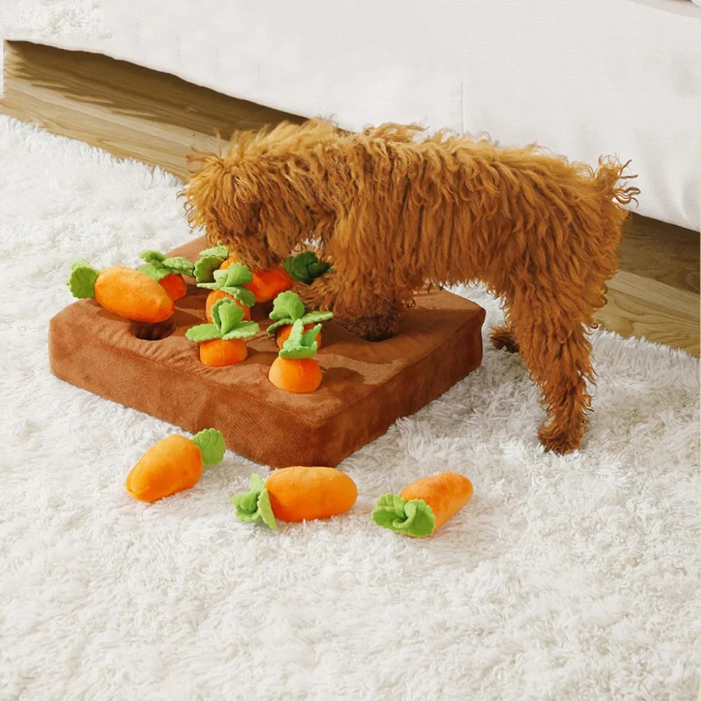 Dog interactive carrot plush toy with puzzle nosework design