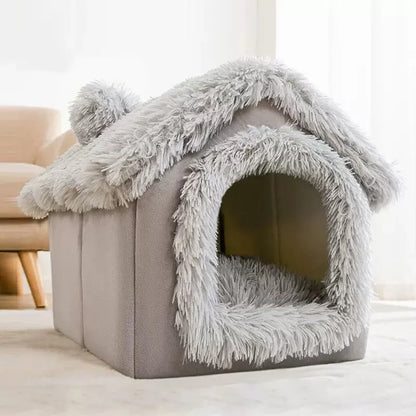 Gray foldable pet house with removable cushion for cats and dogs