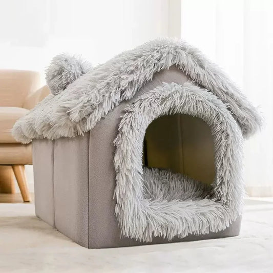 Gray foldable pet house with removable cushion for cats and dogs