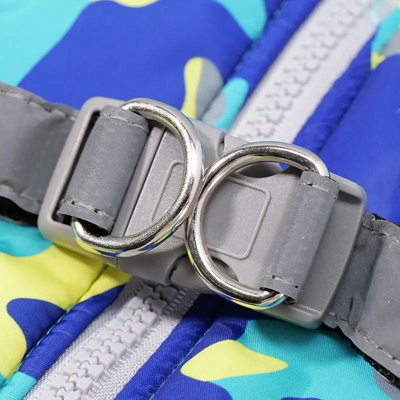 Close-up of waterproof fabric on winter dog coat