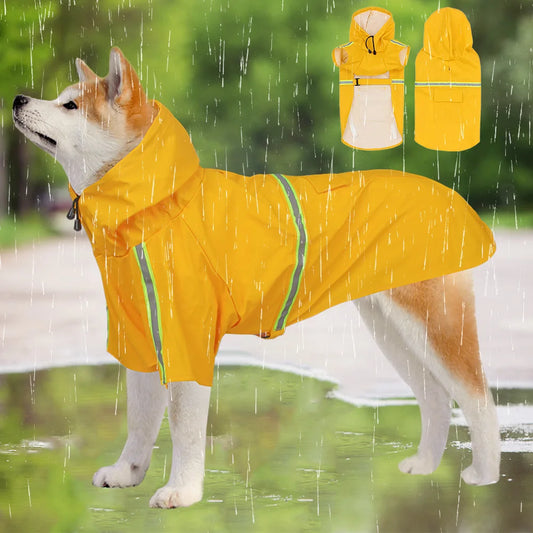 Large dog wearing yellow reflective raincoat with hood
