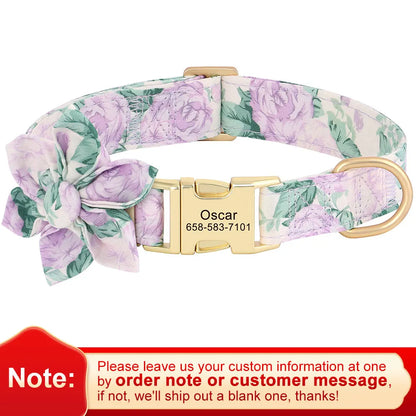 Personalized Nylon Dog Collar with Flower Decoration – Custom Engraved ID Tag, Adjustable Pet Collar