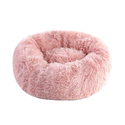Cozy round cat and dog cushion with fluffy winter design