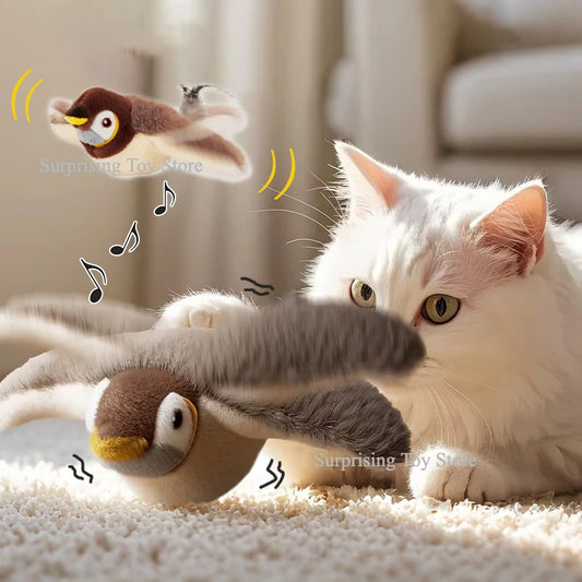 Cat playing with rechargeable bird toy – flapping wings and chirping sound