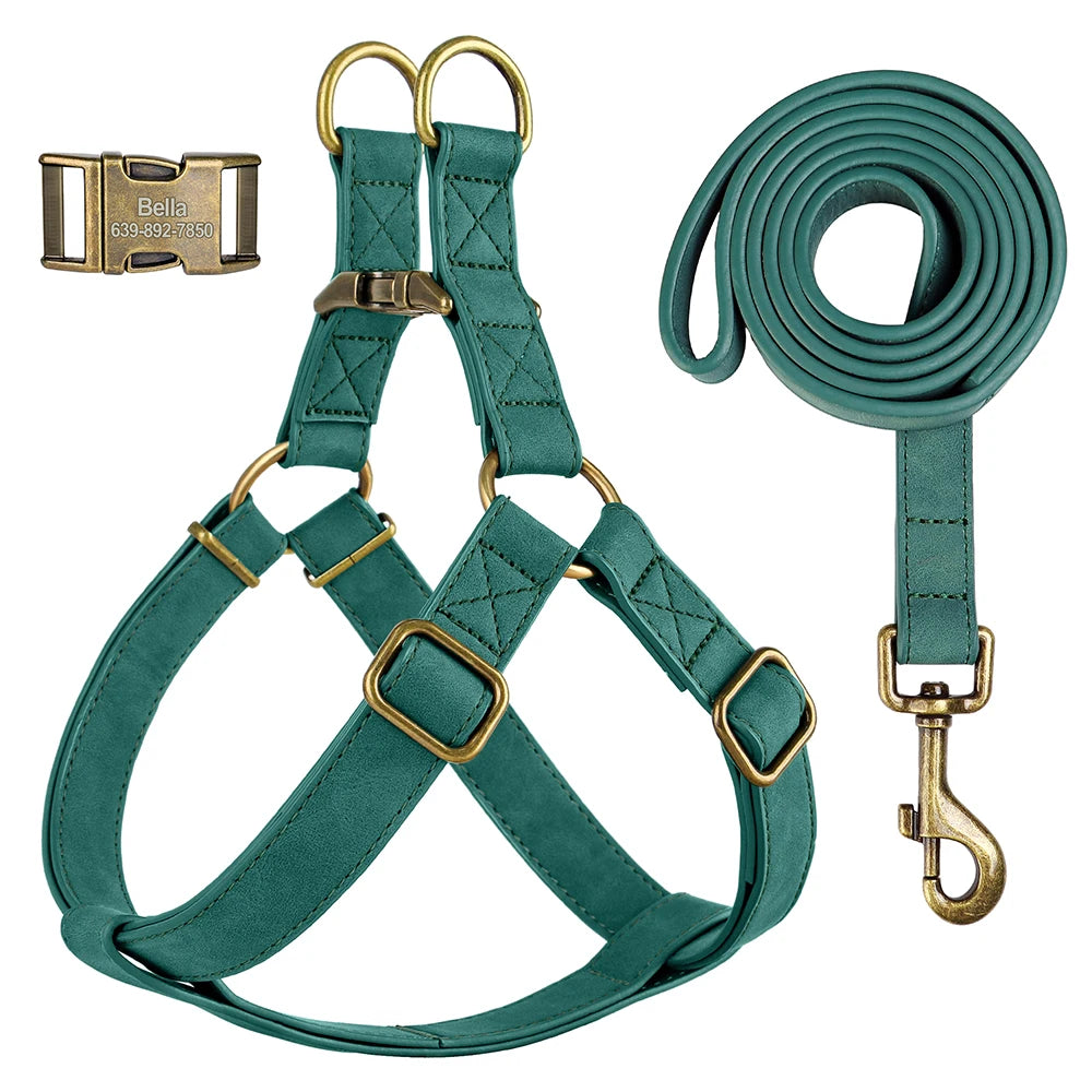 Custom PU Leather Dog Harness with Engraved ID Buckle & Matching Leash – Adjustable