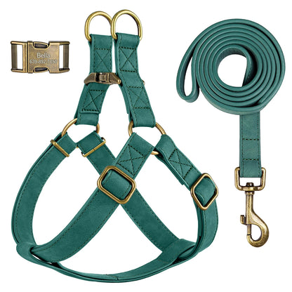 Custom PU Leather Dog Harness with Engraved ID Buckle & Matching Leash – Adjustable
