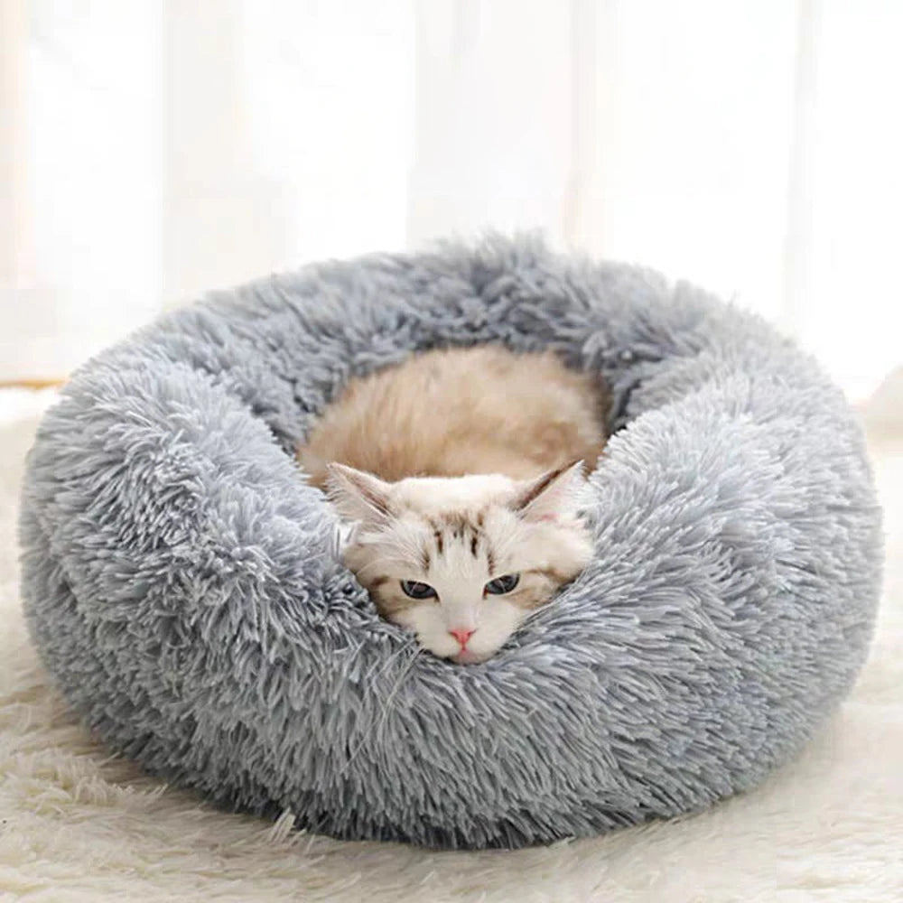 Black round dog and cat plush nest bed for winter