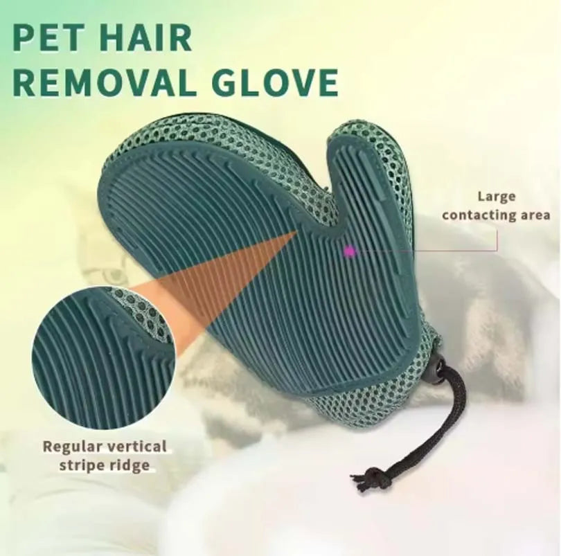 Green pet grooming glove removing dog hair