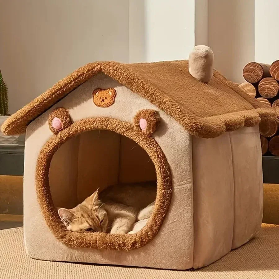 Foldable brown pet house cave bed for cats and puppies