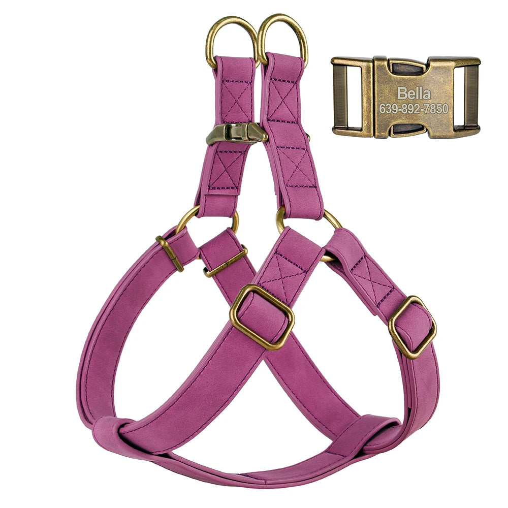 Custom PU Leather Dog Harness with Engraved ID Buckle & Matching Leash – Adjustable