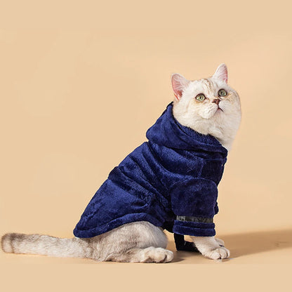 Cat wearing navy blue soft pajama outfit