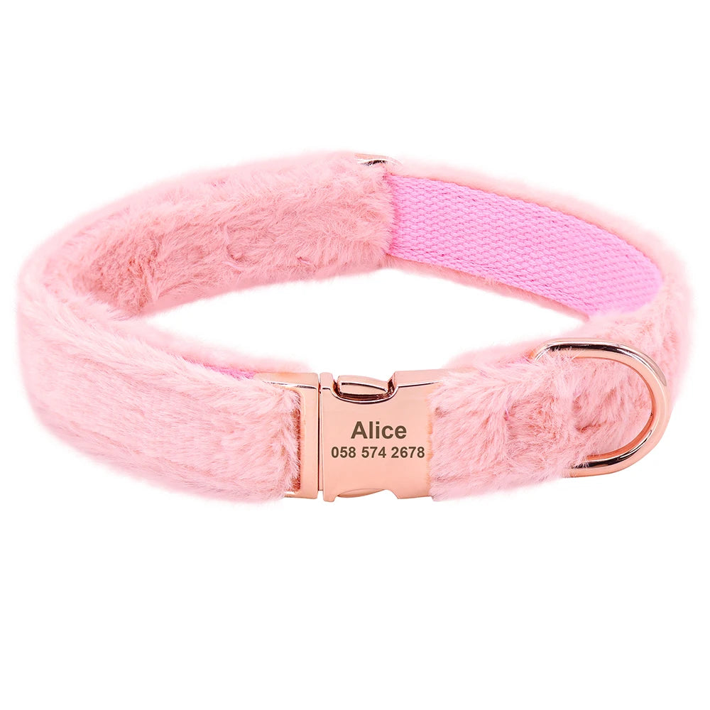 Gray velvet dog collar with engraved ID tag – personalized with name Lucy