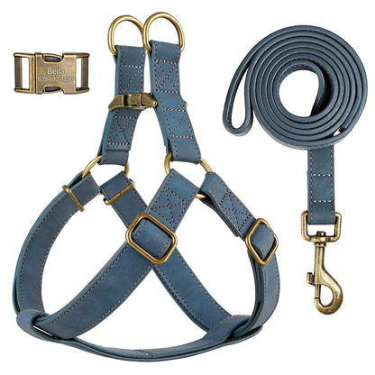 Custom PU Leather Dog Harness with Engraved ID Buckle & Matching Leash – Adjustable