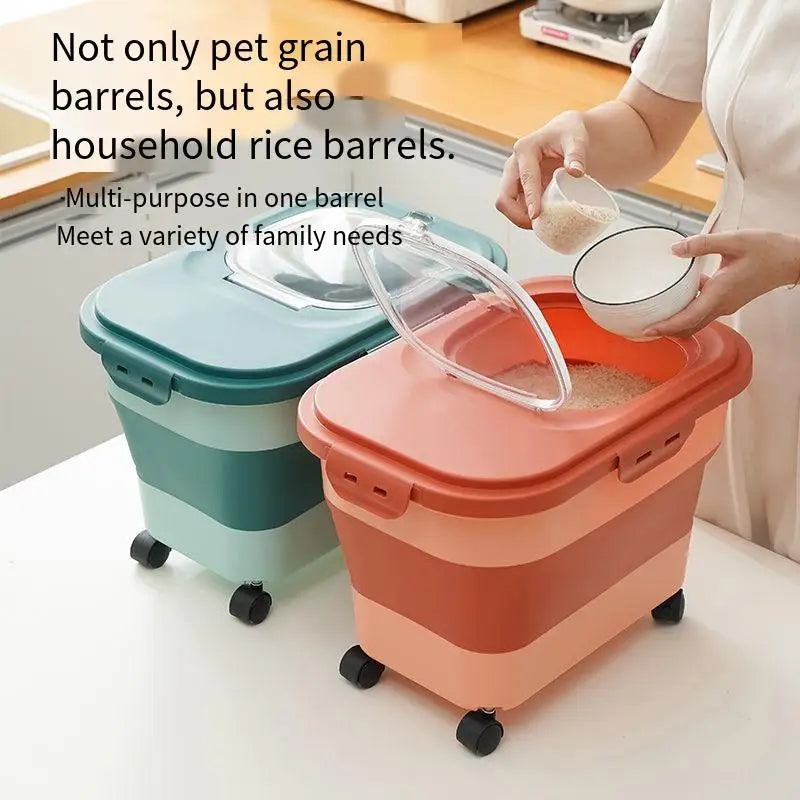 Stackable pet food storage boxes in multiple colors