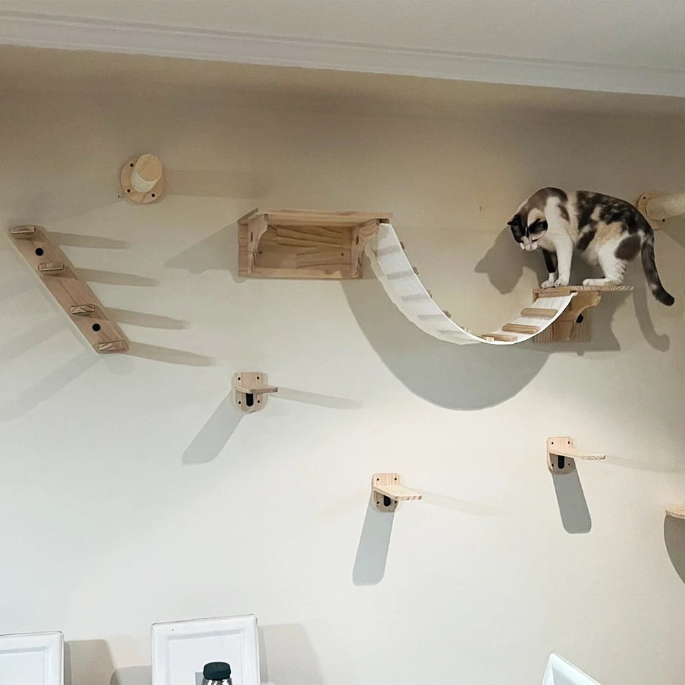 Cat house and hammock mounted on wall – wooden climbing furniture