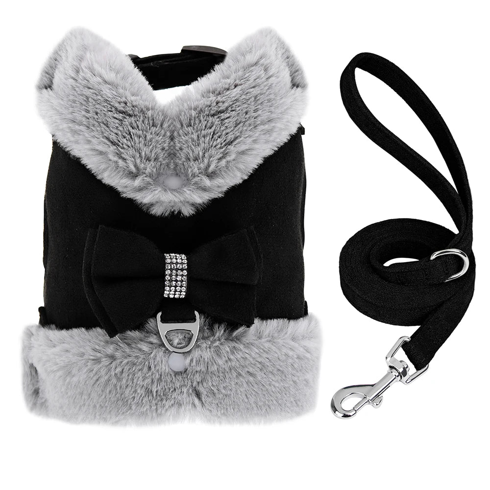 Warm Fur Dog Harness with Leash – Winter Padded Vest for Small Dogs & Cats