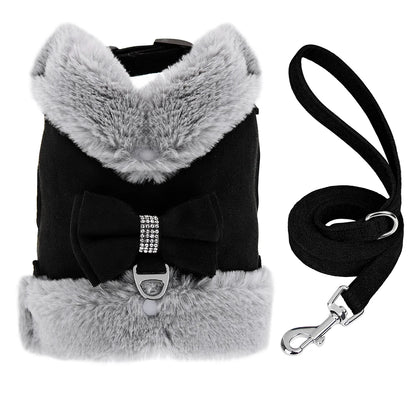 Warm Fur Dog Harness with Leash – Winter Padded Vest for Small Dogs & Cats