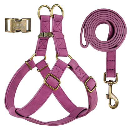 Custom PU Leather Dog Harness with Engraved ID Buckle & Matching Leash – Adjustable