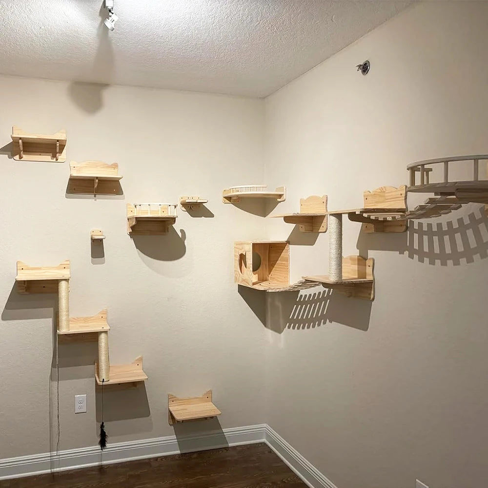 Cat resting in wall-mounted hammock – stylish wooden design