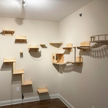 Cat resting in wall-mounted hammock – stylish wooden design