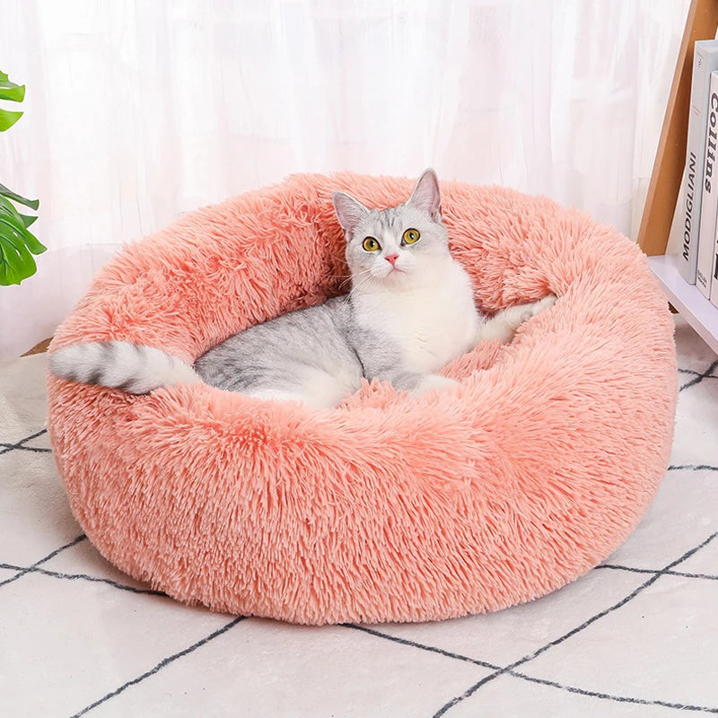 Pink long plush pet bed – product display
