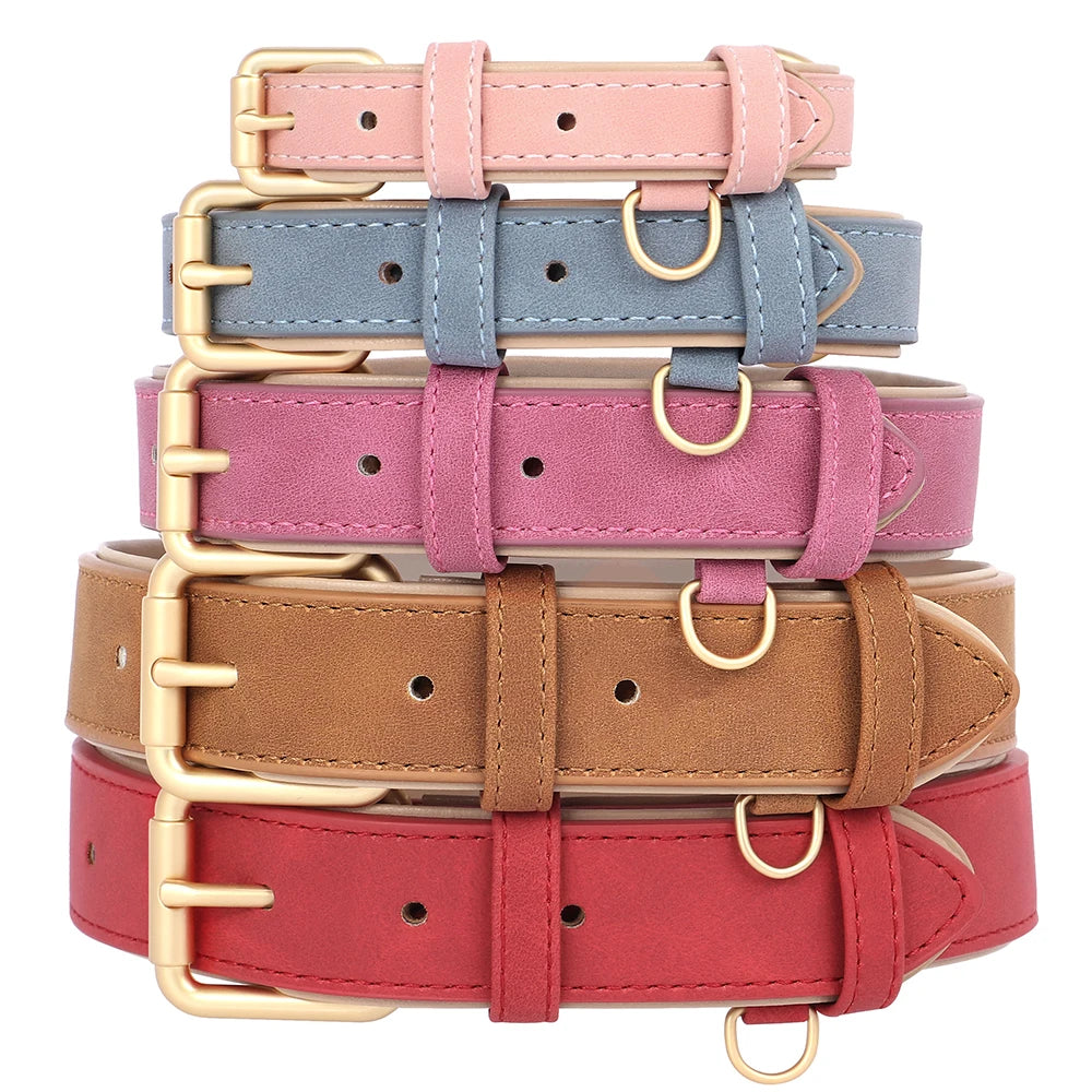 Pink padded dog collar with matching leash – durable PU leather