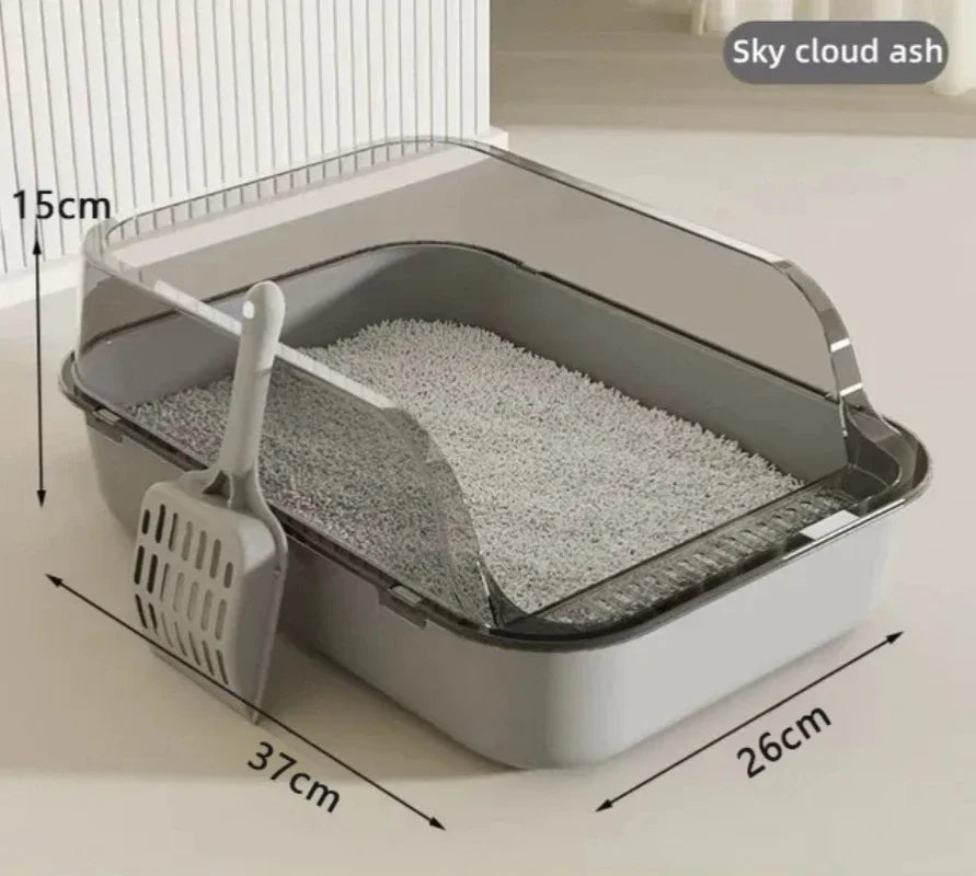 Semi-enclosed cat litter box in grey plastic splashproof