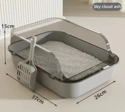 Semi-enclosed cat litter box in grey plastic splashproof