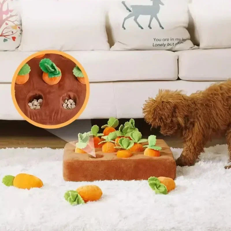 Carrot toy enrichment game for dogs with removable plush carrots