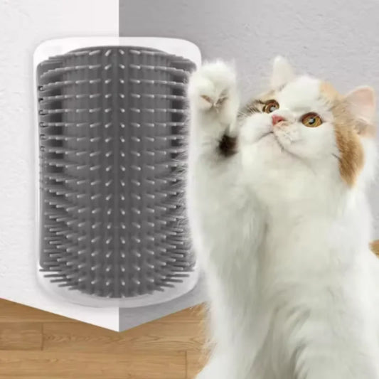 Cat rubbing against self-groomer wall corner brush