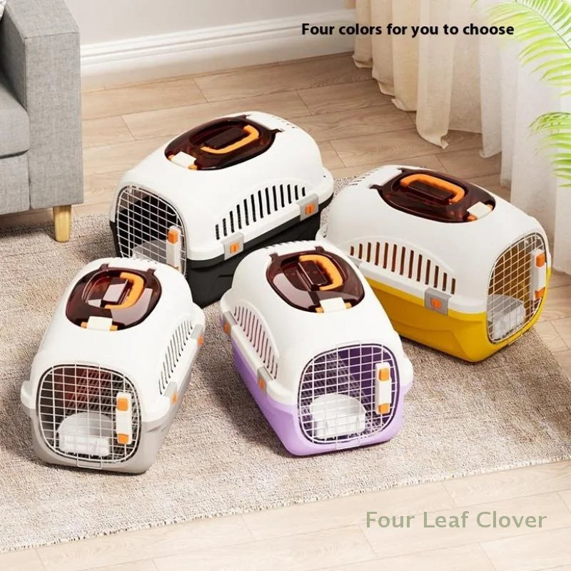 Pet inside portable carrier cage for outdoor transport