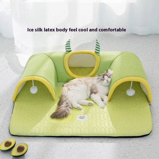 Cooling Cat Tunnel Bed – Summer Breathable Ice Silk Pet Mat with Tunnel for Cats, Anti-Slip Base, Soft Latex Nest for Small & Large Cats