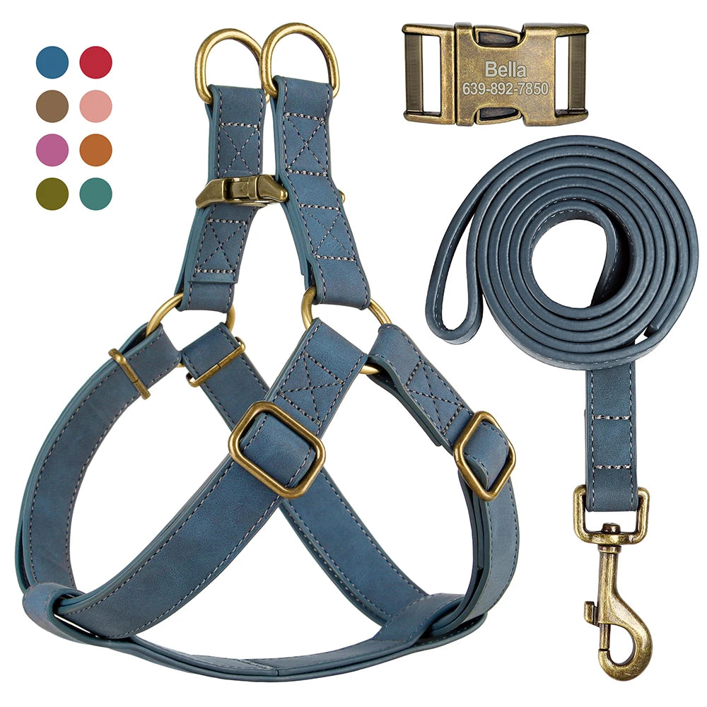 Custom PU leather dog harness with engraved ID buckle – adjustable design
