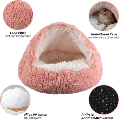 fluffy cat cave bed round donut hooded