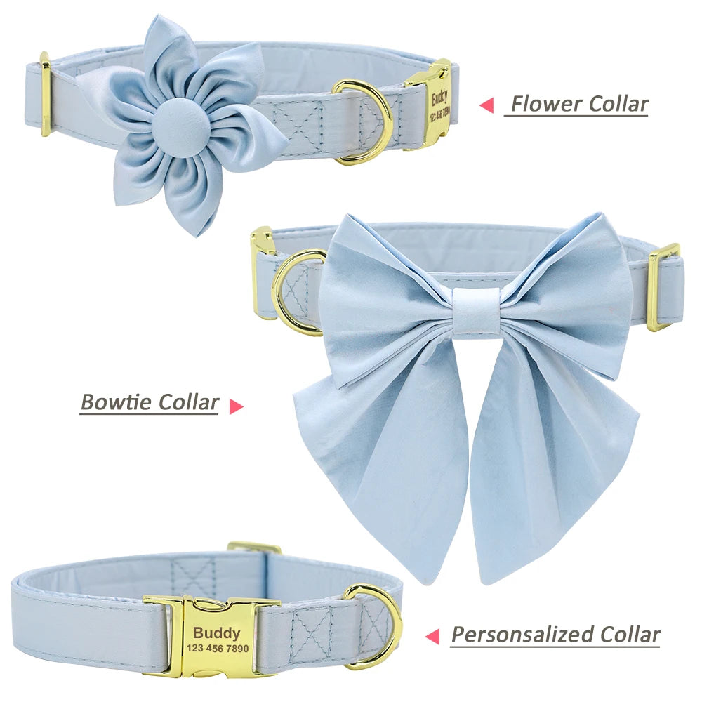 Personalized Dog Collar with Bowknot & Flower – Engraved Name Tag, Adjustable for Small, Medium & Large Dogs