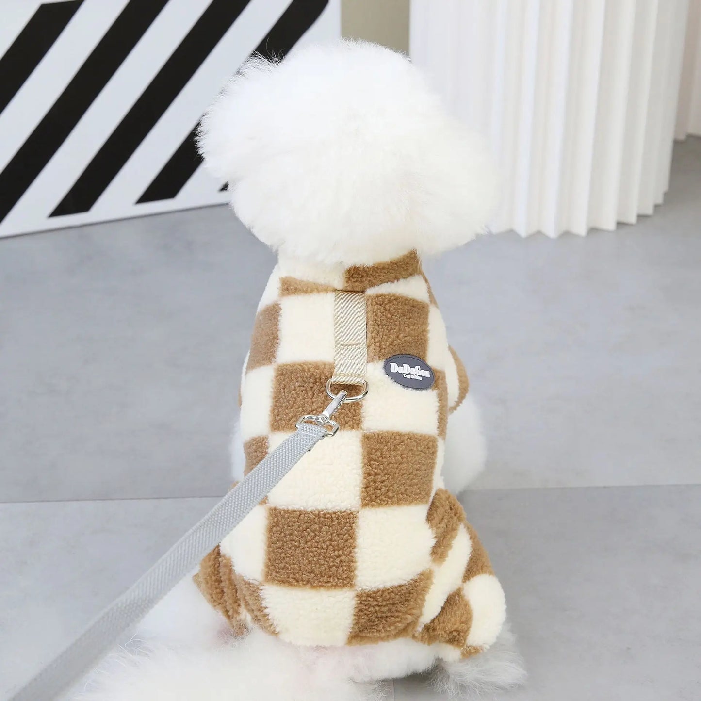 Warm Fleece Dog Jumpsuit – Checkered Pajamas for Small Dogs