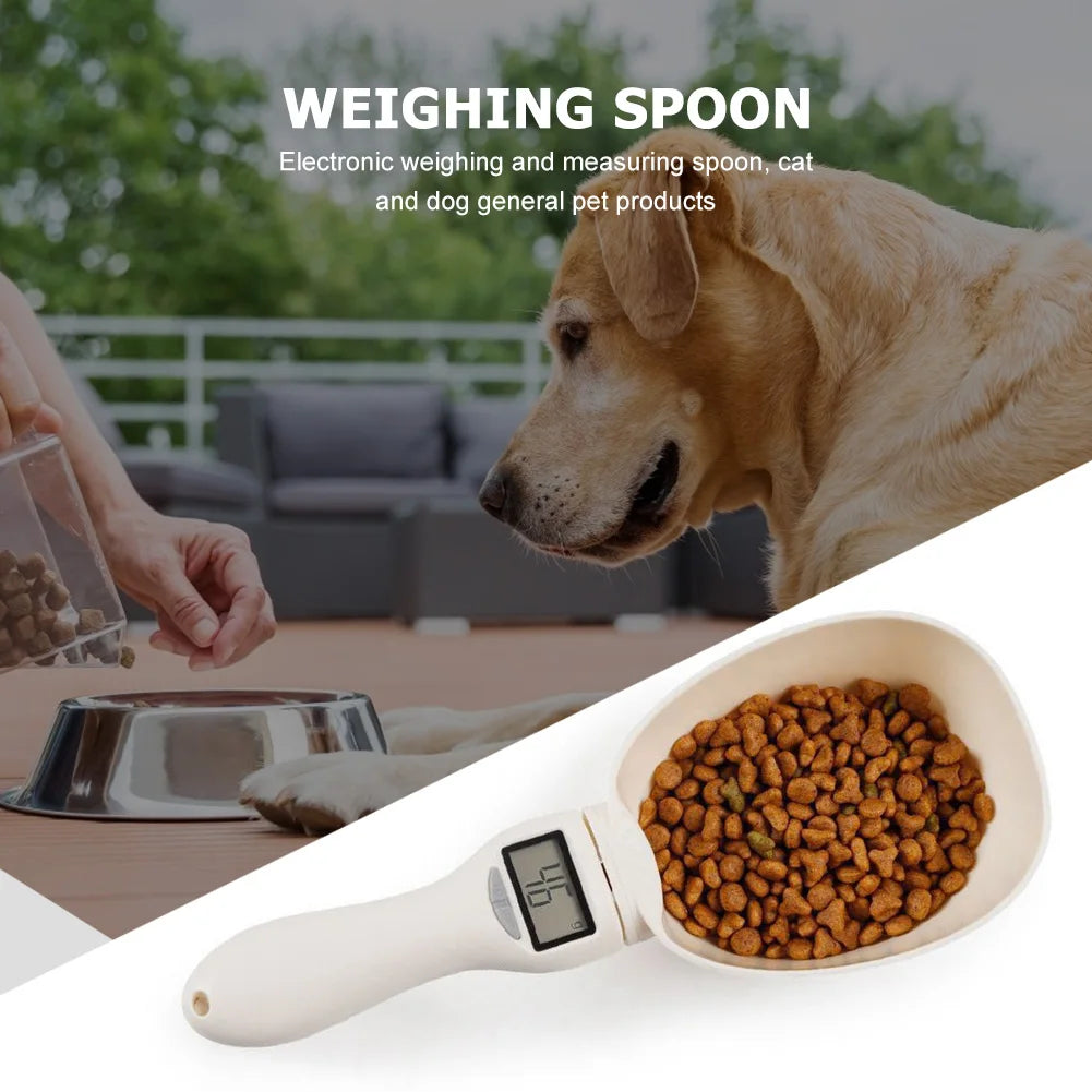 Close-up of digital pet food scoop measuring in grams