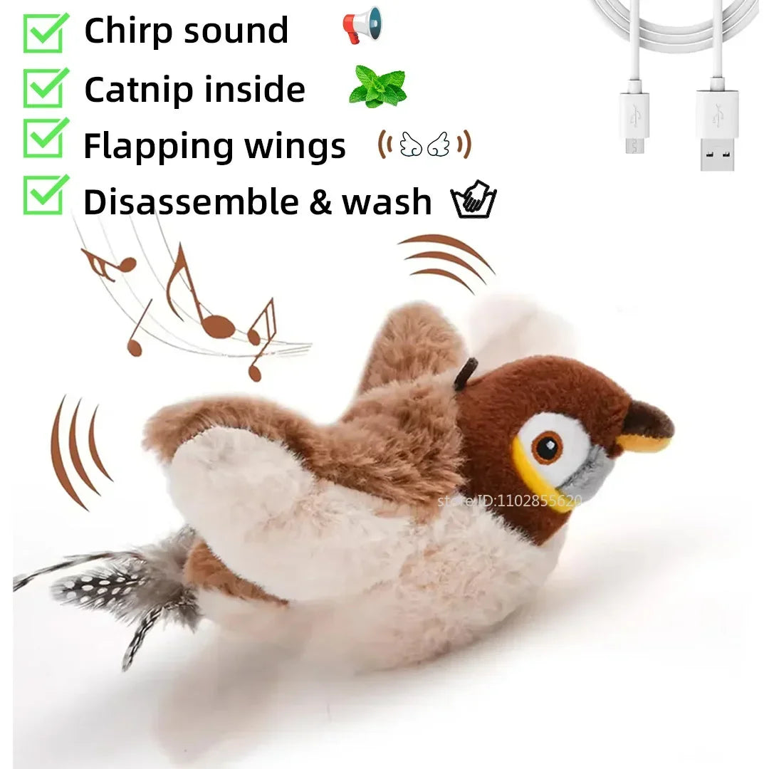 Rechargeable Cat Toy Bird – Flapping Wings, Chirping Sound & Catnip Pocket
