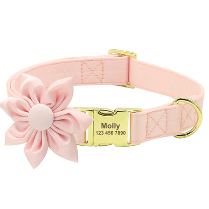 Personalized Dog Collar with Bowknot & Flower – Engraved Name Tag, Adjustable for Small, Medium & Large Dogs